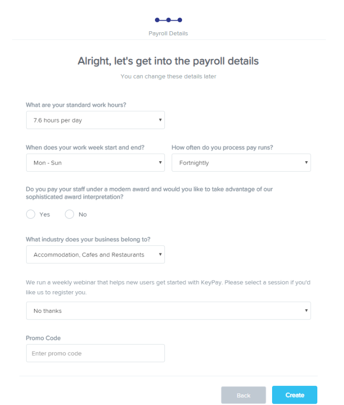 Create button when adding business details in Employee Hero Payroll