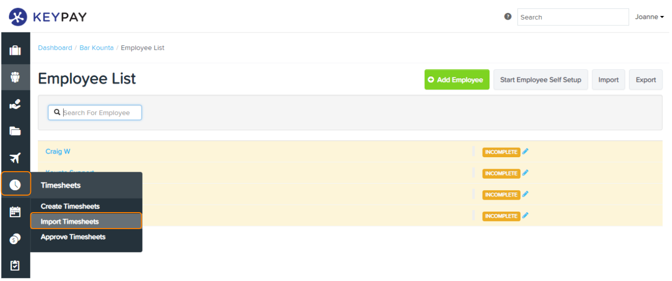 Import timesheets button in Employee Hero Payroll dashboard