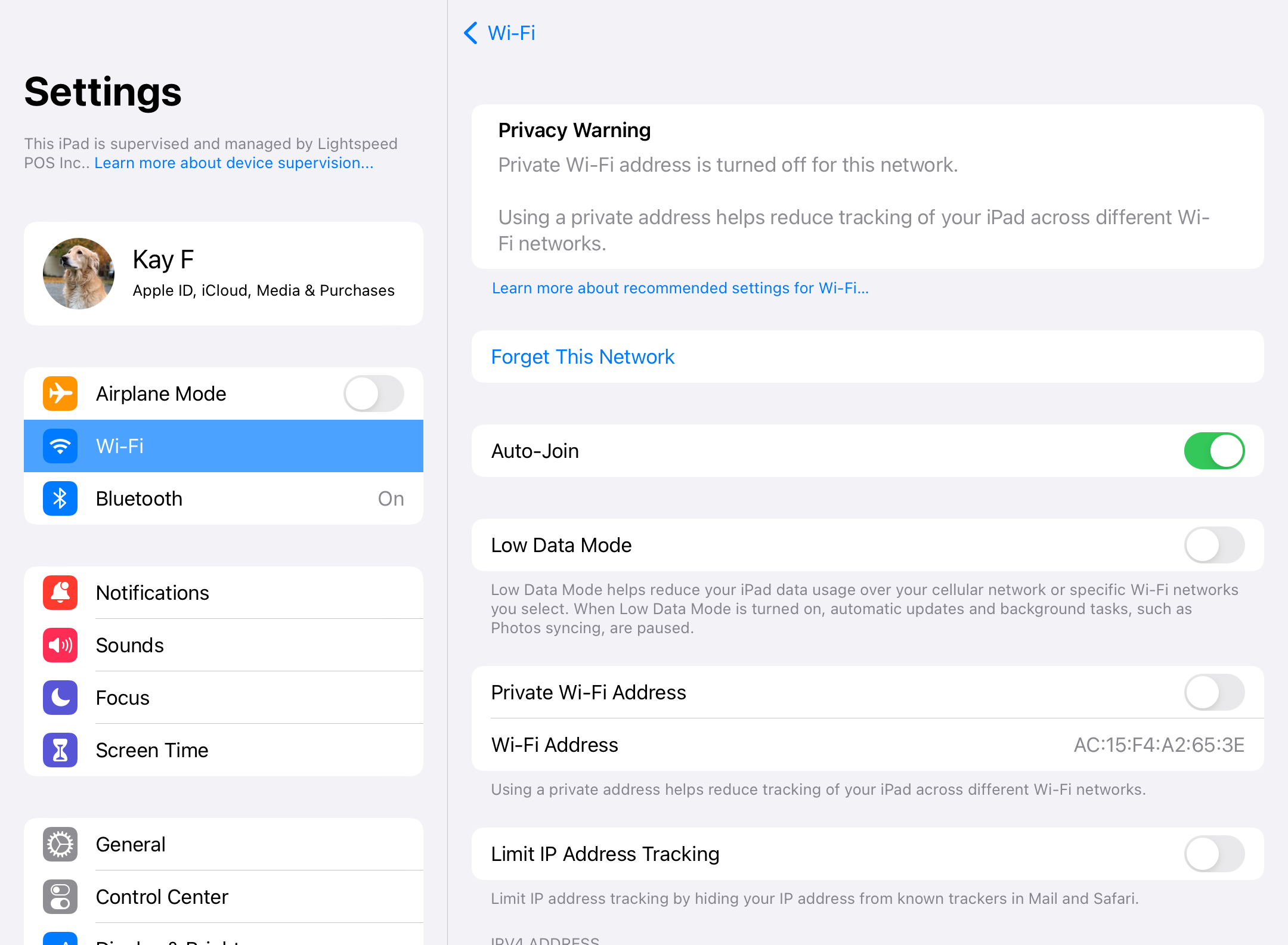 Image shows the landing for the Wi-Fi Settings page on iPad.