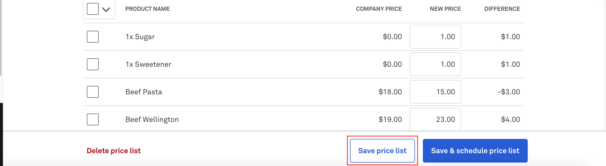 Save button Normal Price list.png