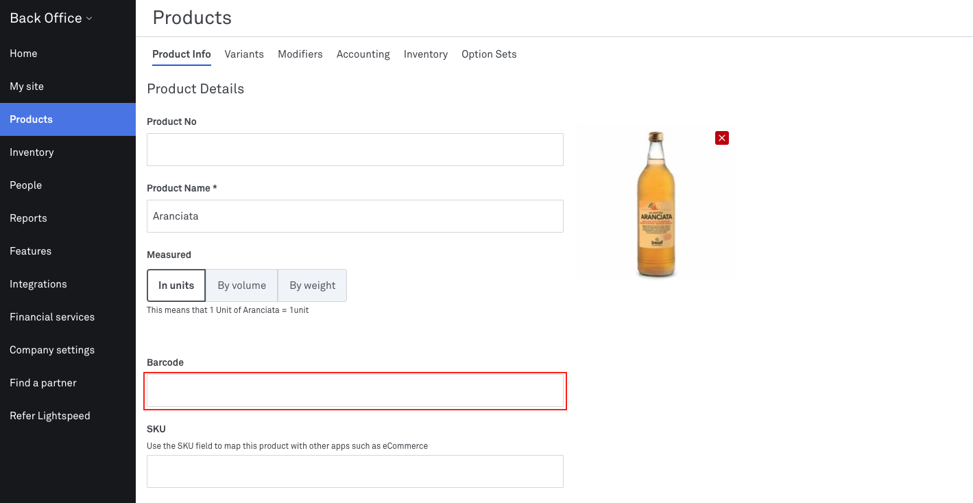 Product Info Barcode field