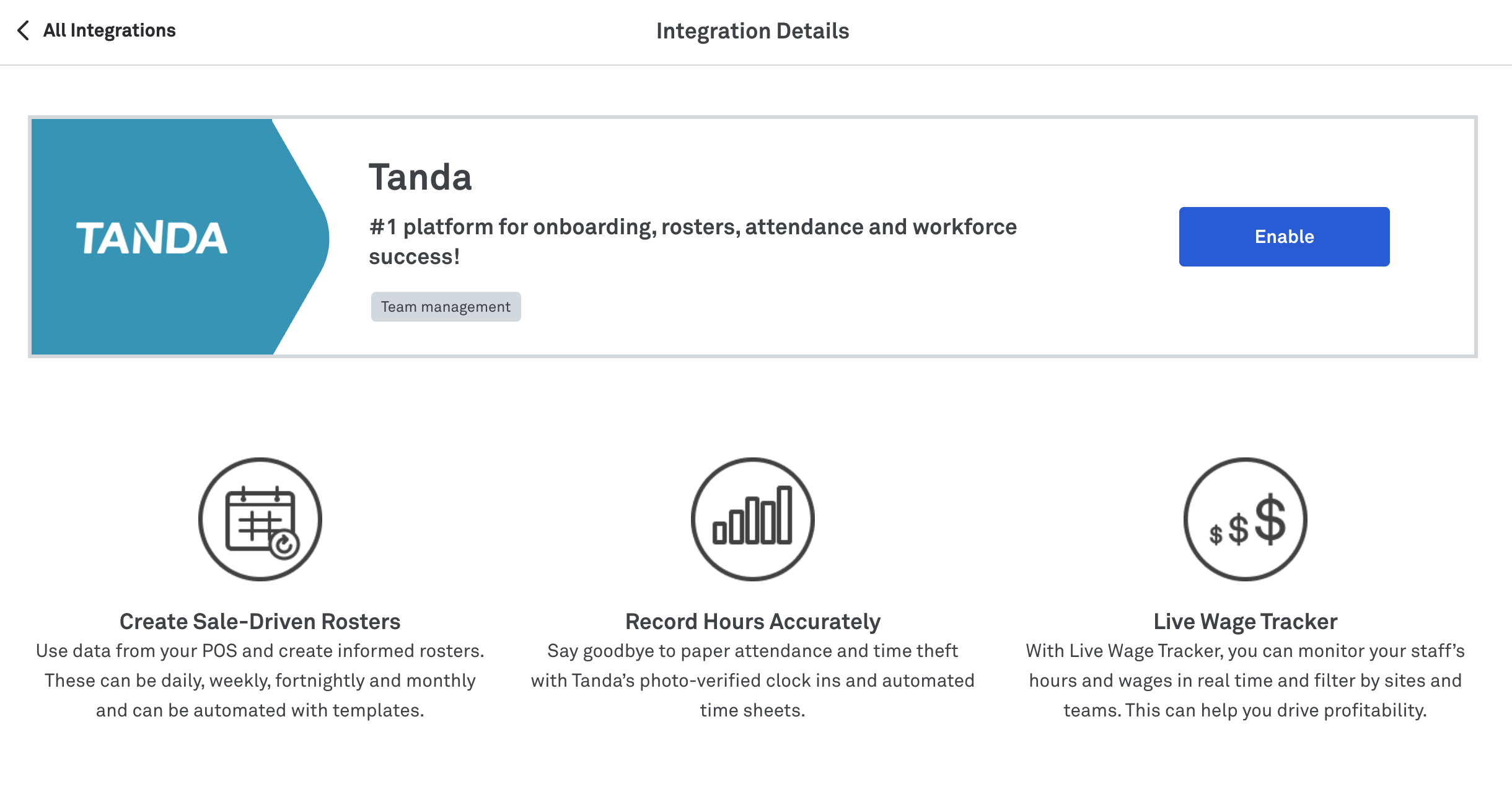 photo of enable button for tanda integration