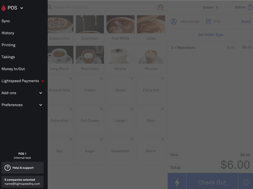 POS Menu Lightspeed Payments