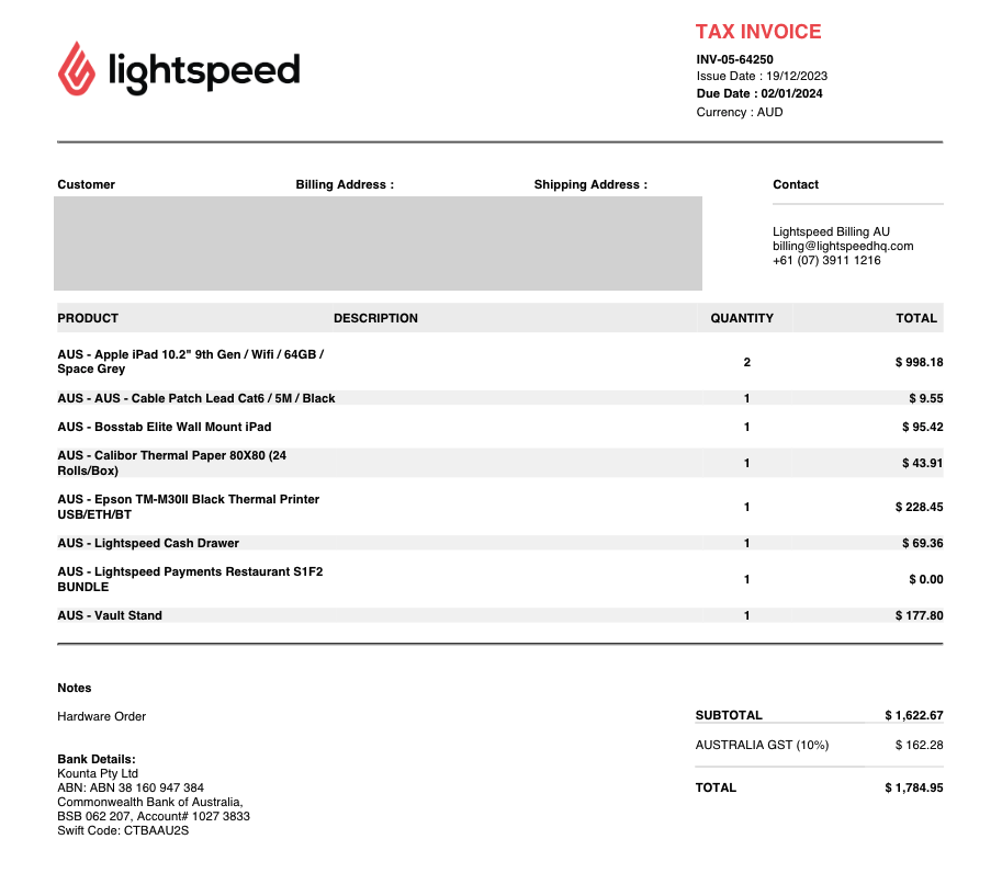 Sample tax invoice lightspeed hardware order