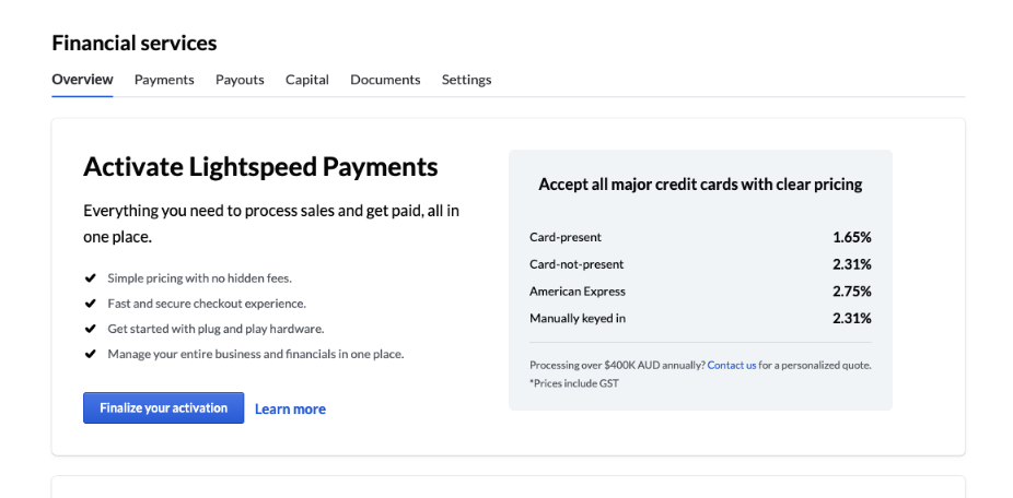 Lightspeed Payments application screen