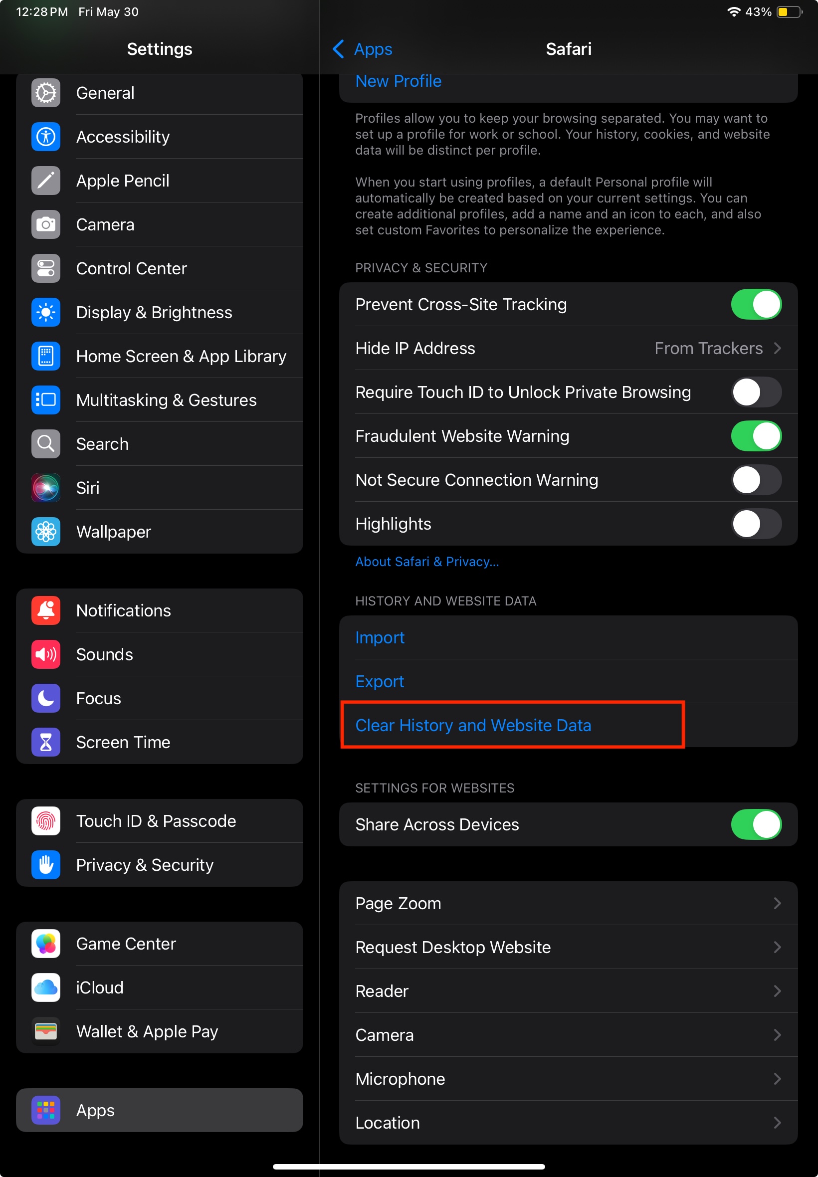 Safari Clear History and website data