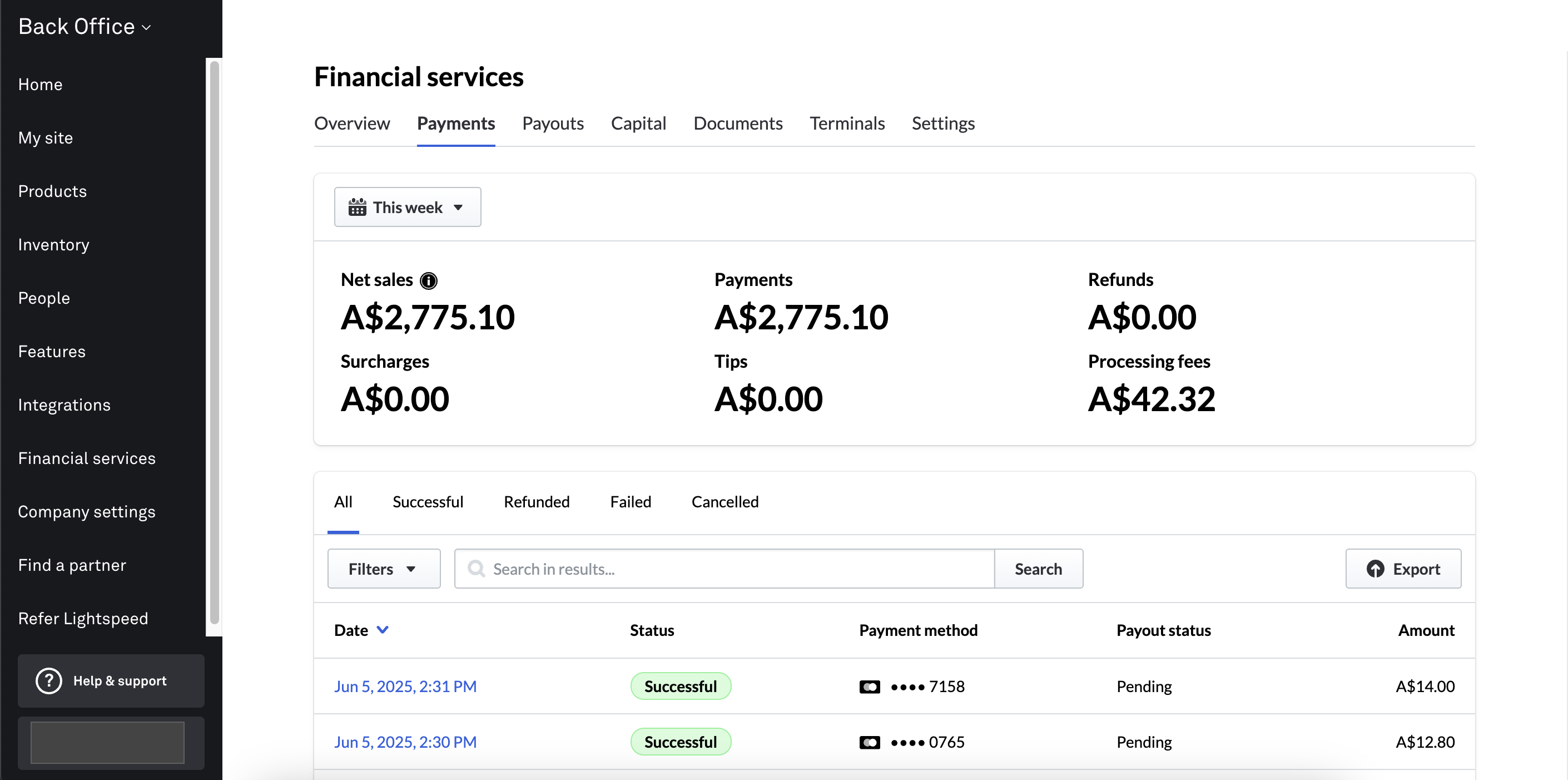 Payments Tab Financial Services reporting