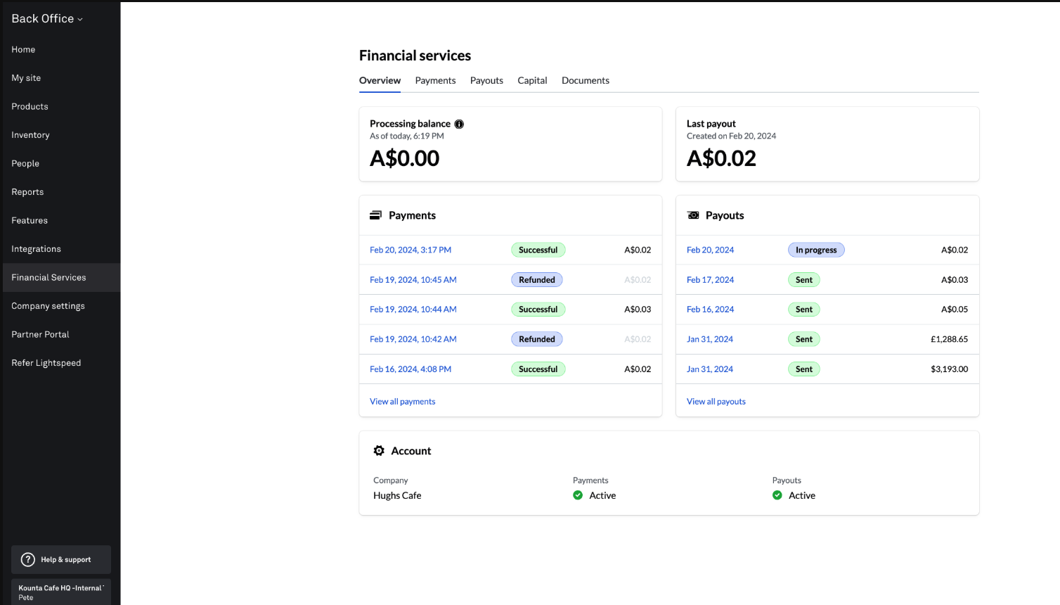 Overview Tab Lightspeed Payments
