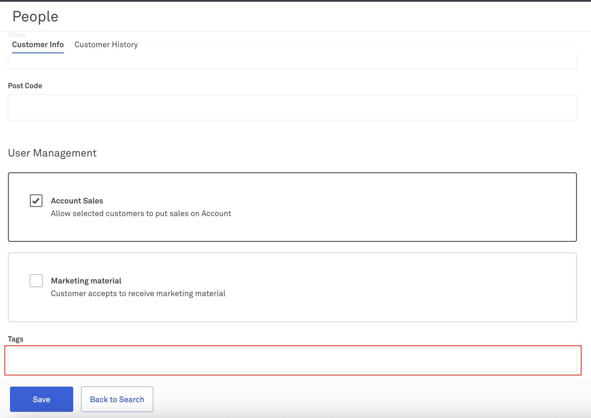 image of the tags section under customer profile in back office