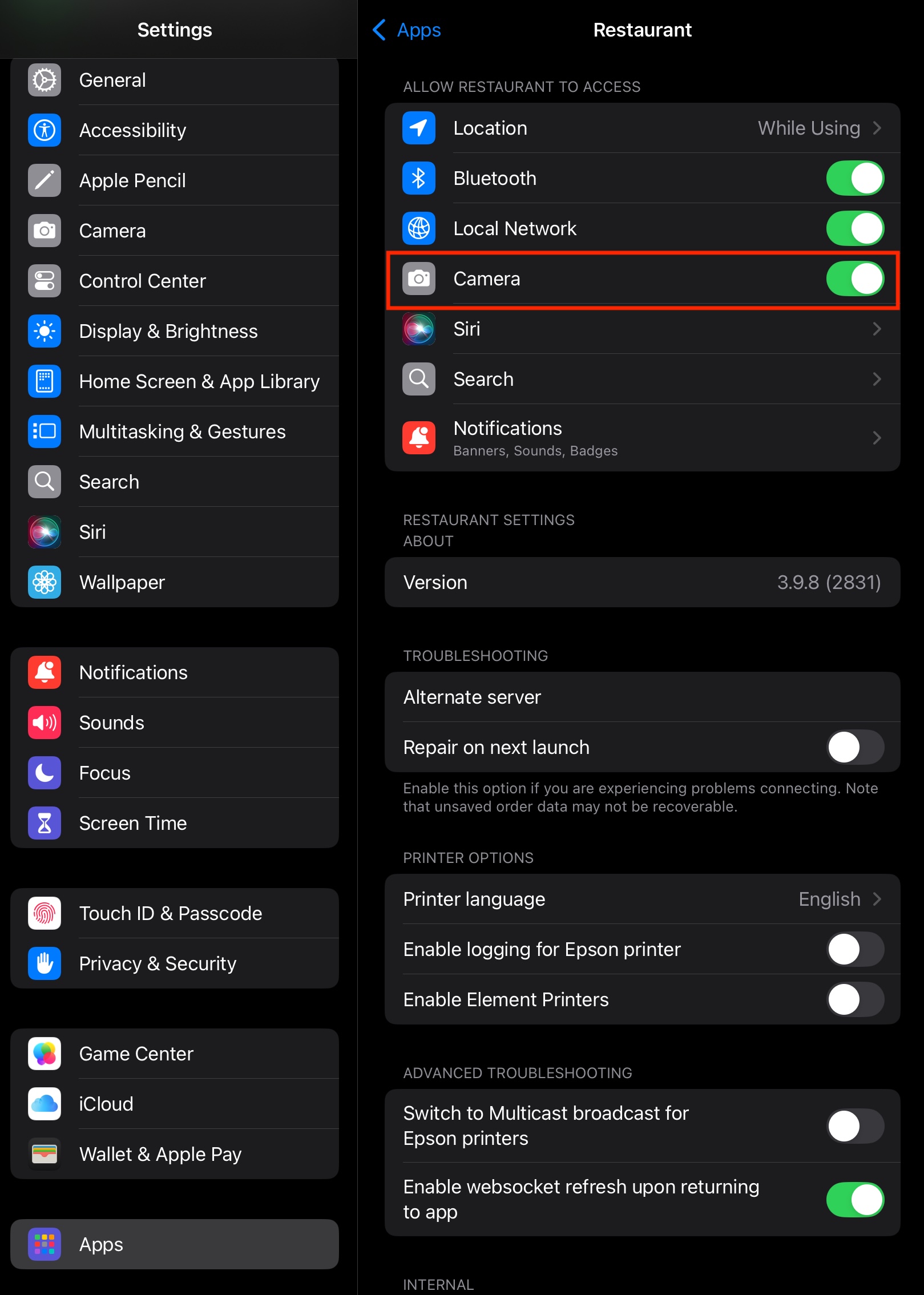 image of camera permission Restaurant app settings