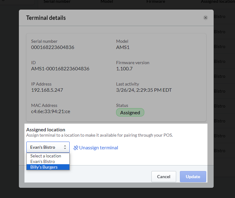 Image displays a pop-up module titled 'Terminal details'. The section titled 'Assigned location' has been highlighted, displaying a dropdown window where a new location for the terminal can be assigned.