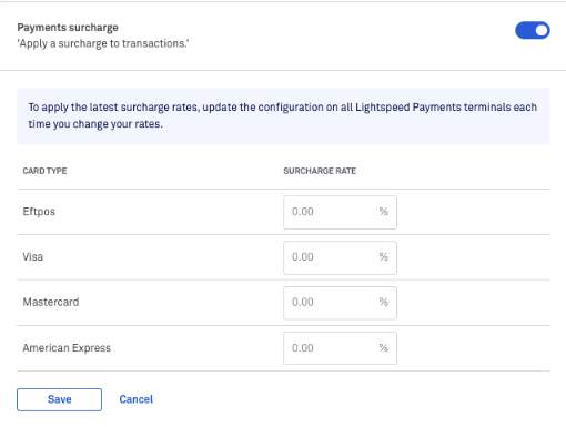 image of surcharge rates section in back office