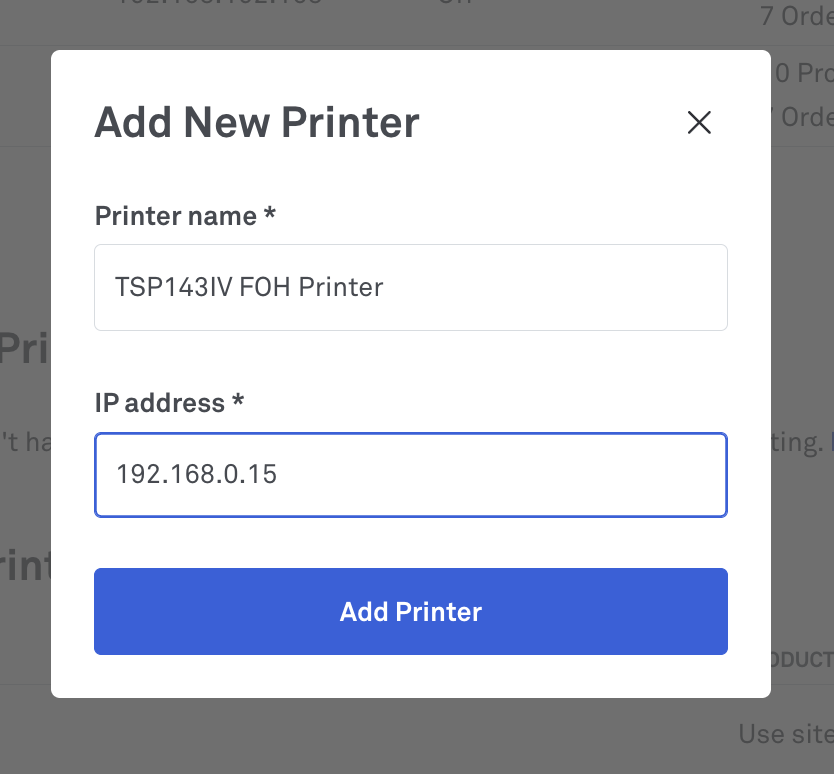 Add Printer screen in Back Office