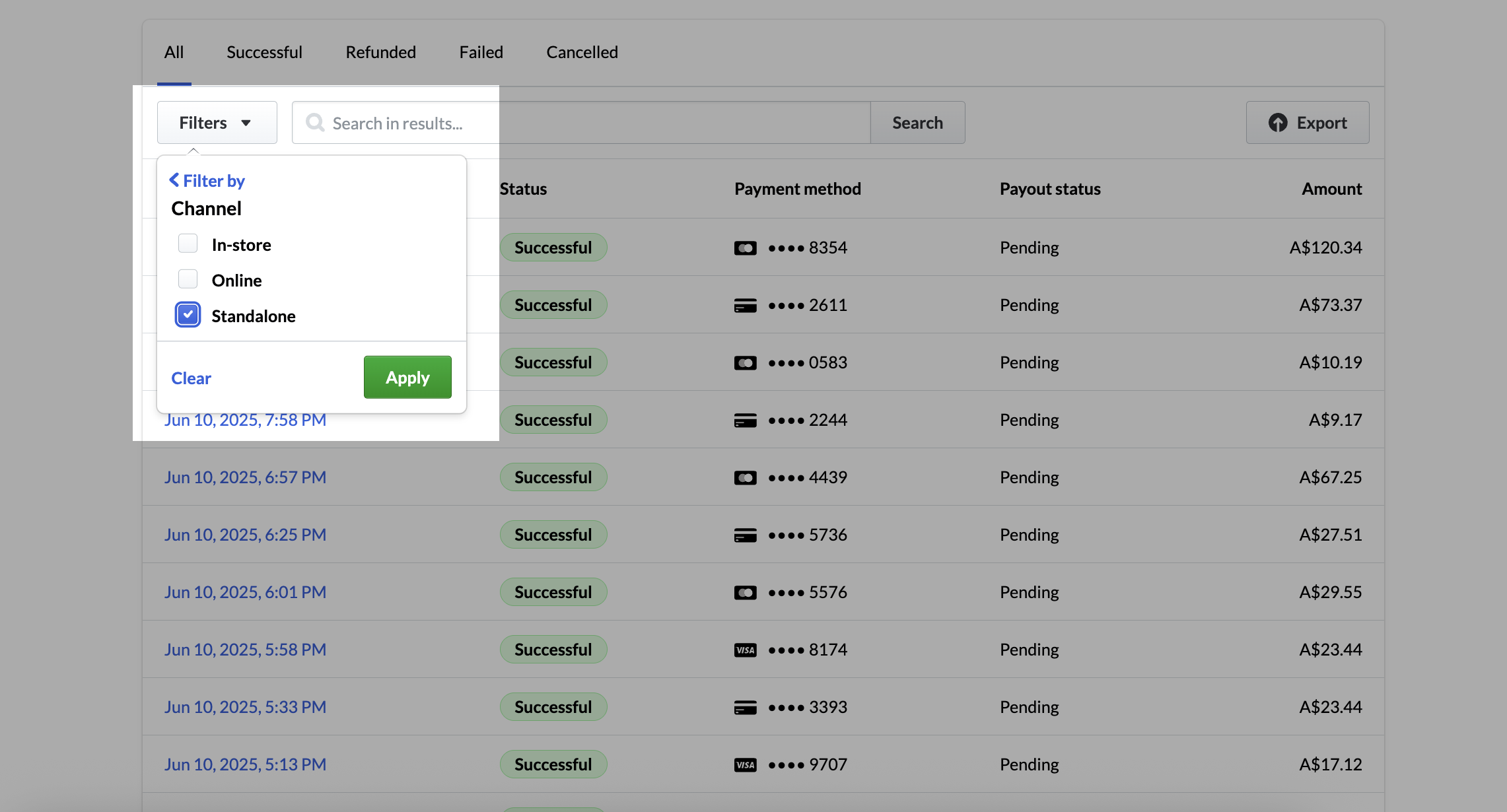 Standalone payments reporting