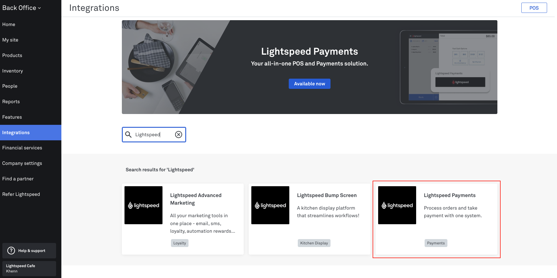 Integrations section Lightspeed Payments option