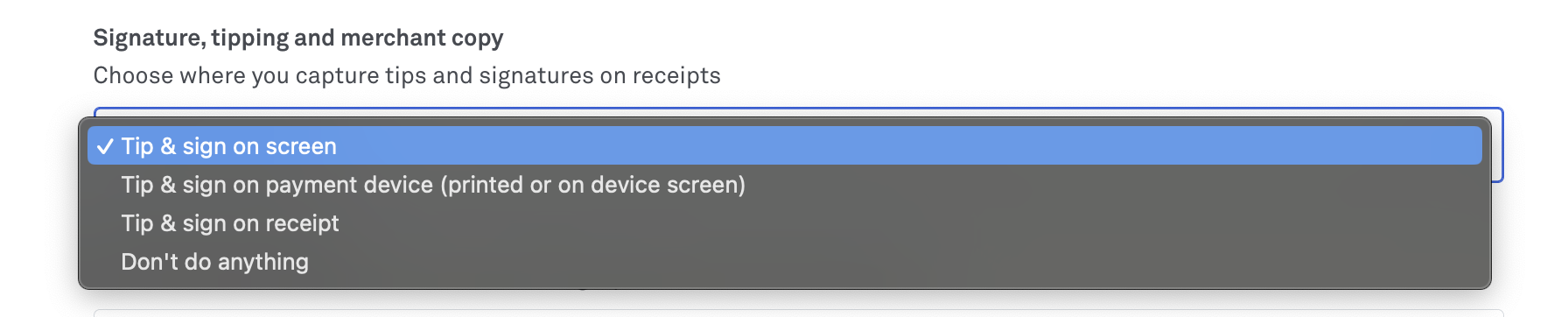image of signature, tipping and merchant copy button in back office