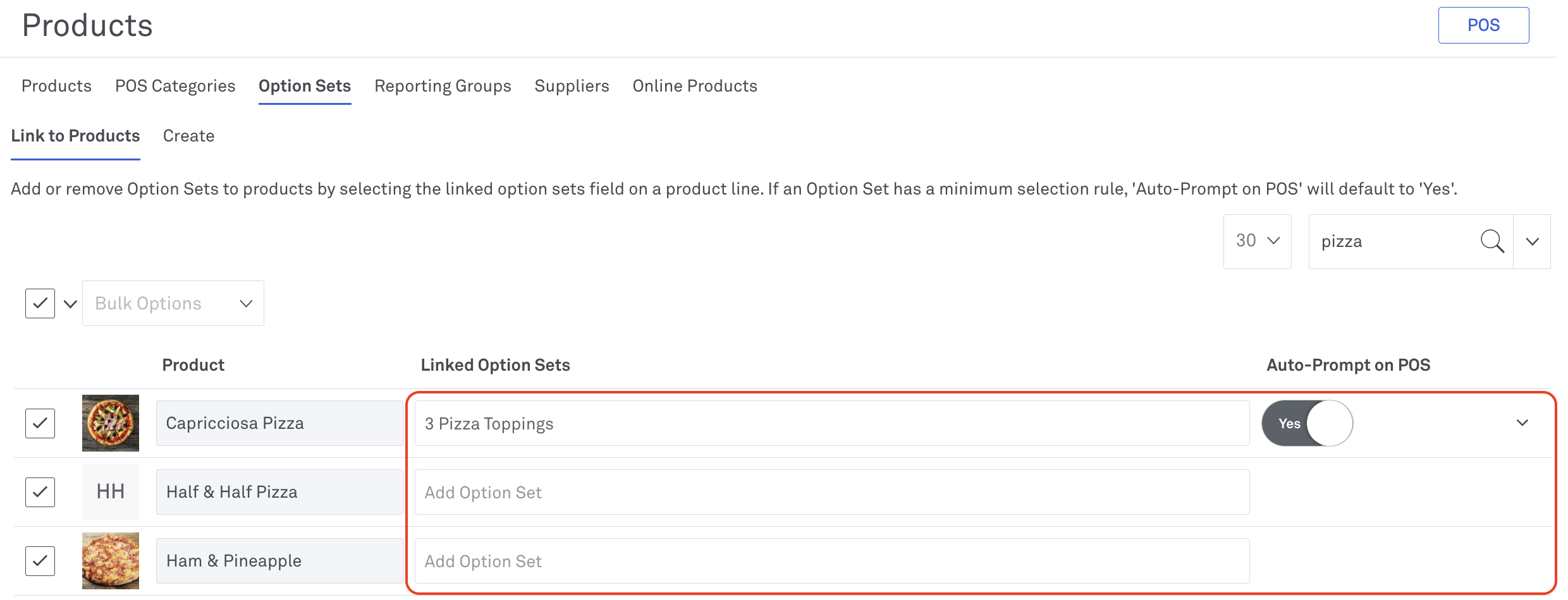 Linked option sets section