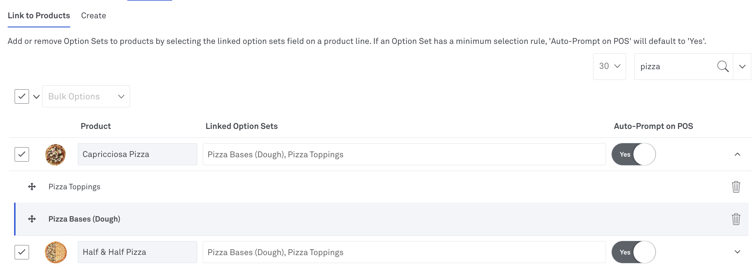 image of Option Sets arrangement in Back Office