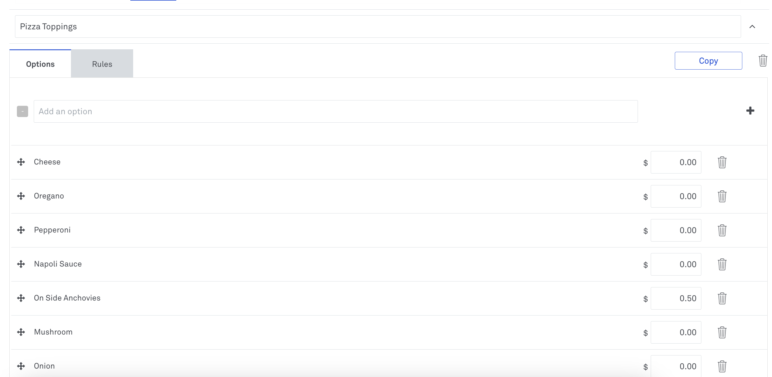 Image of arranging options within an Option Set