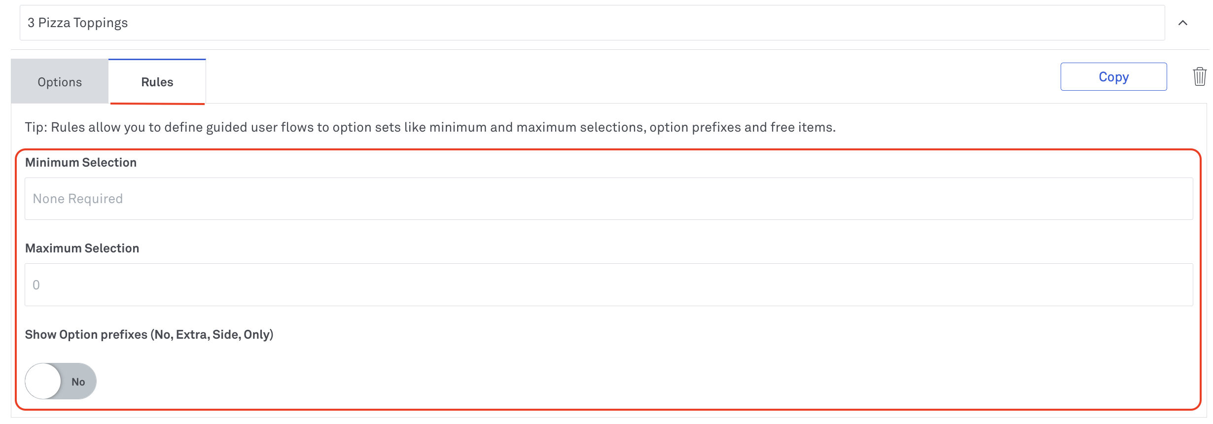 Rules section Option Sets