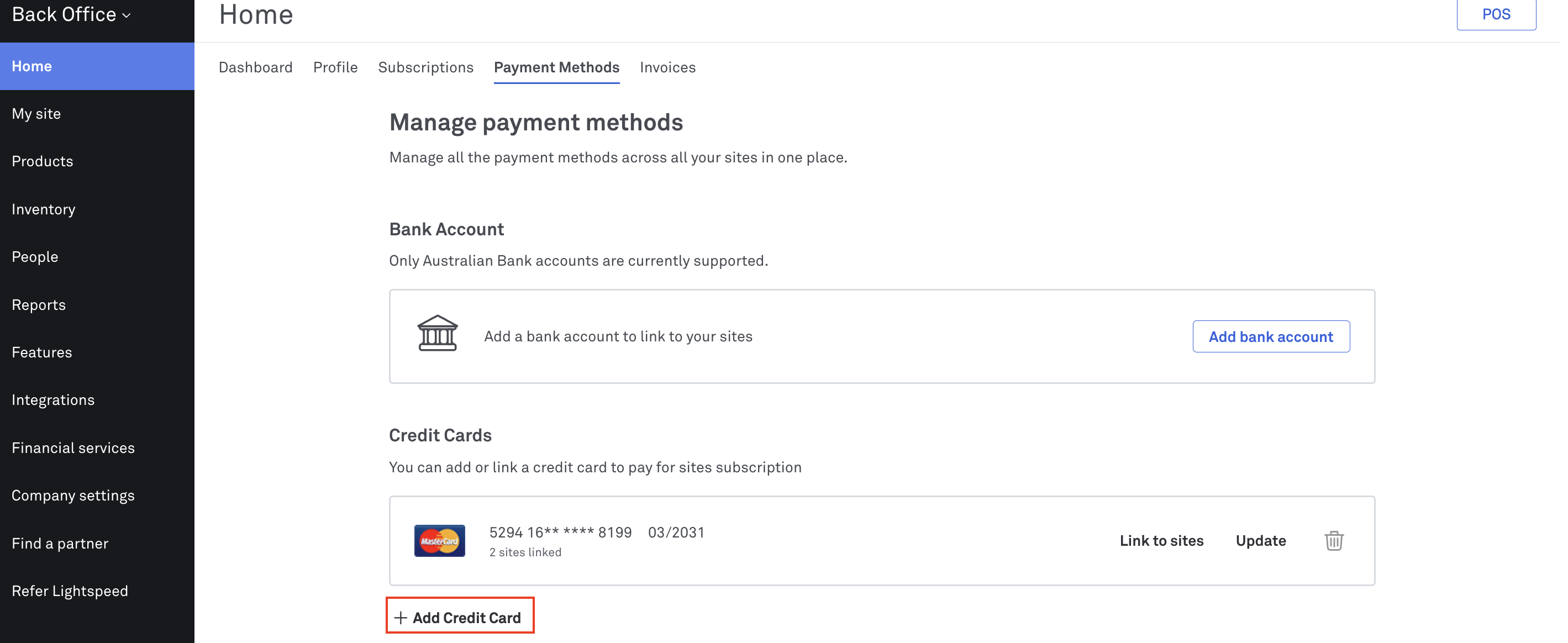 image of add credit card button for Billing in Back Office
