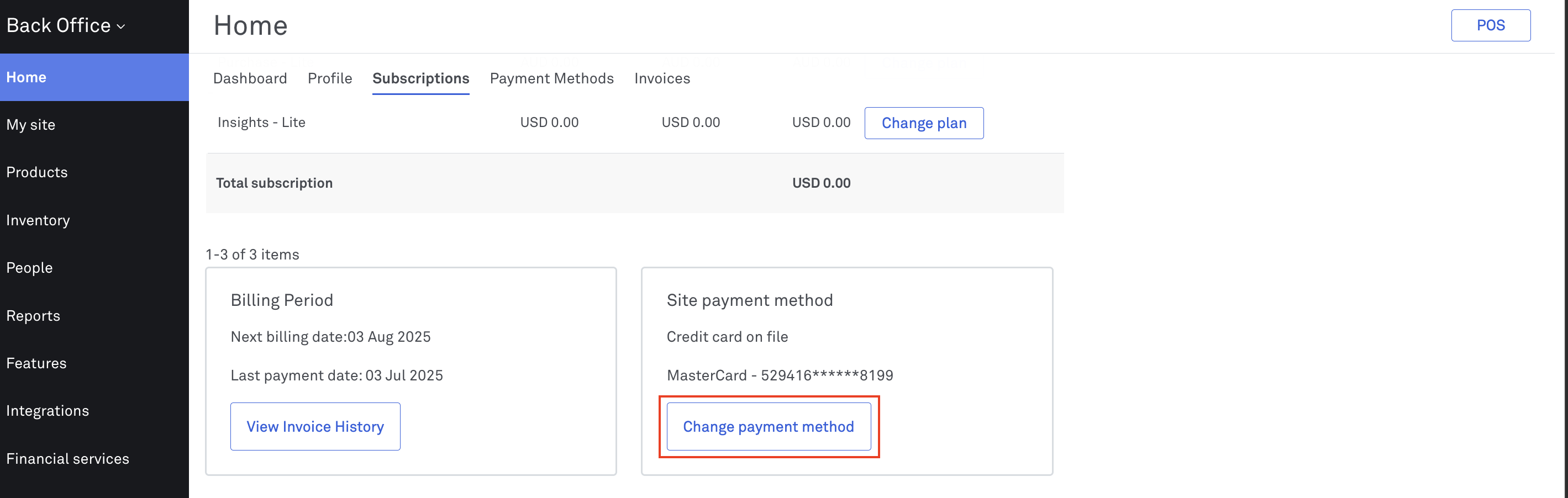 image of change payment method section in Back Office