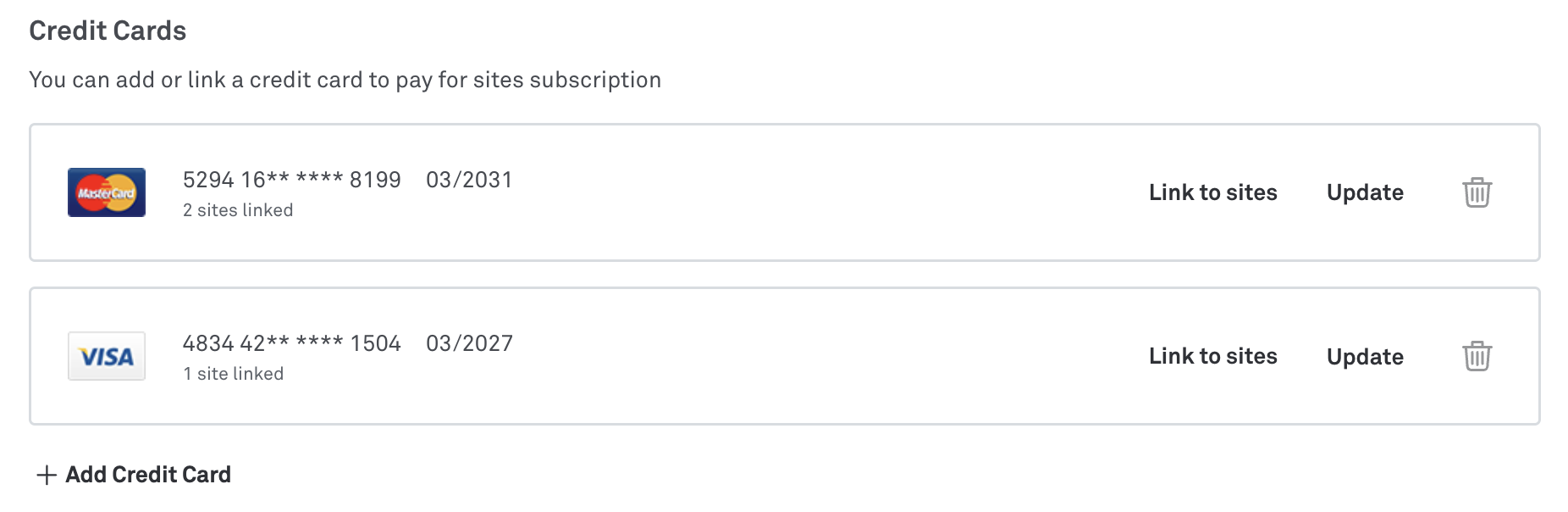 Link to sites screen in Back Office billing section