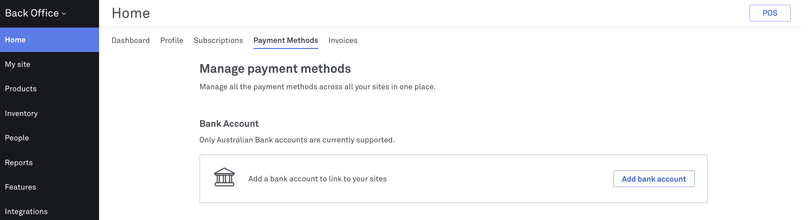 image of add bank account for billing in Back Office