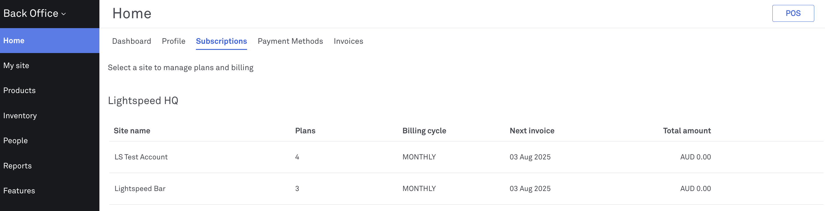 image of site list under subscriptions tab in Back Office