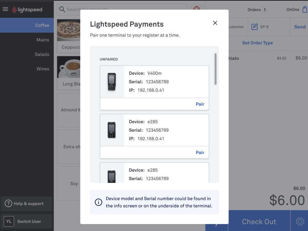 Lightspeed Payments POS Pairing screen