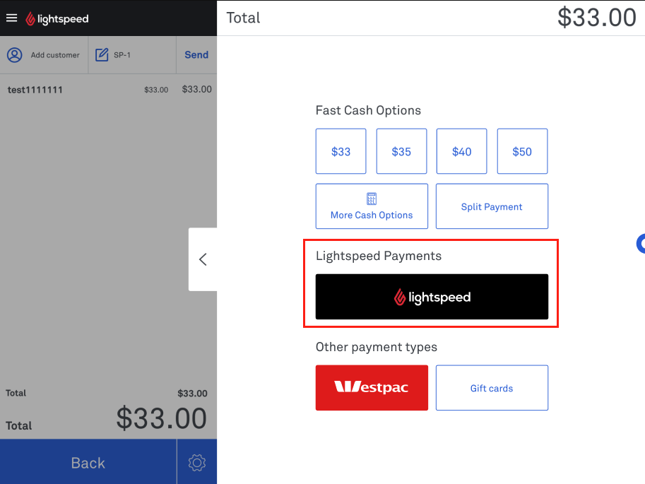 Lightspeed Payments POS checkout screen