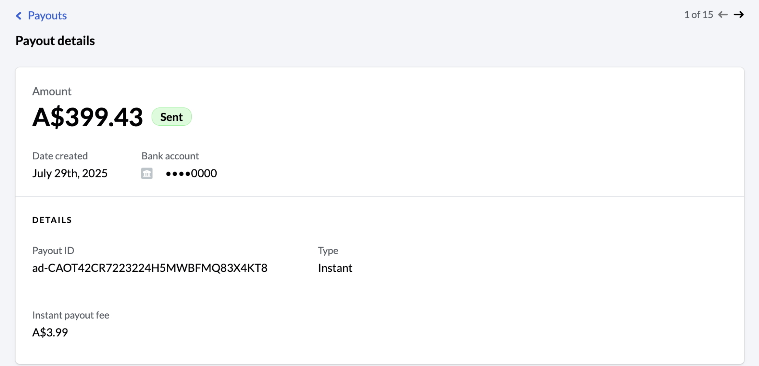 image of payout details in Financial services