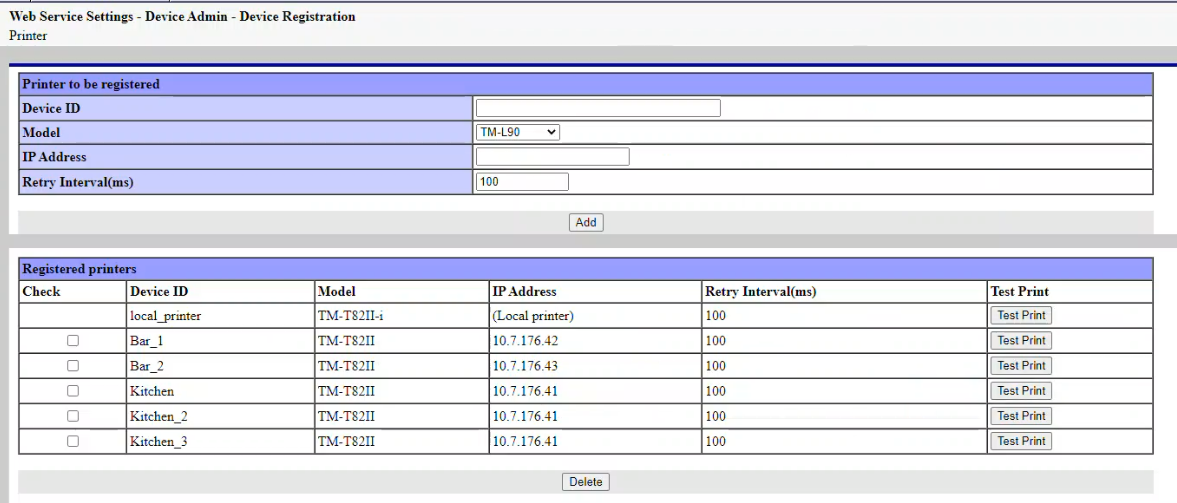Printer Config page printer list