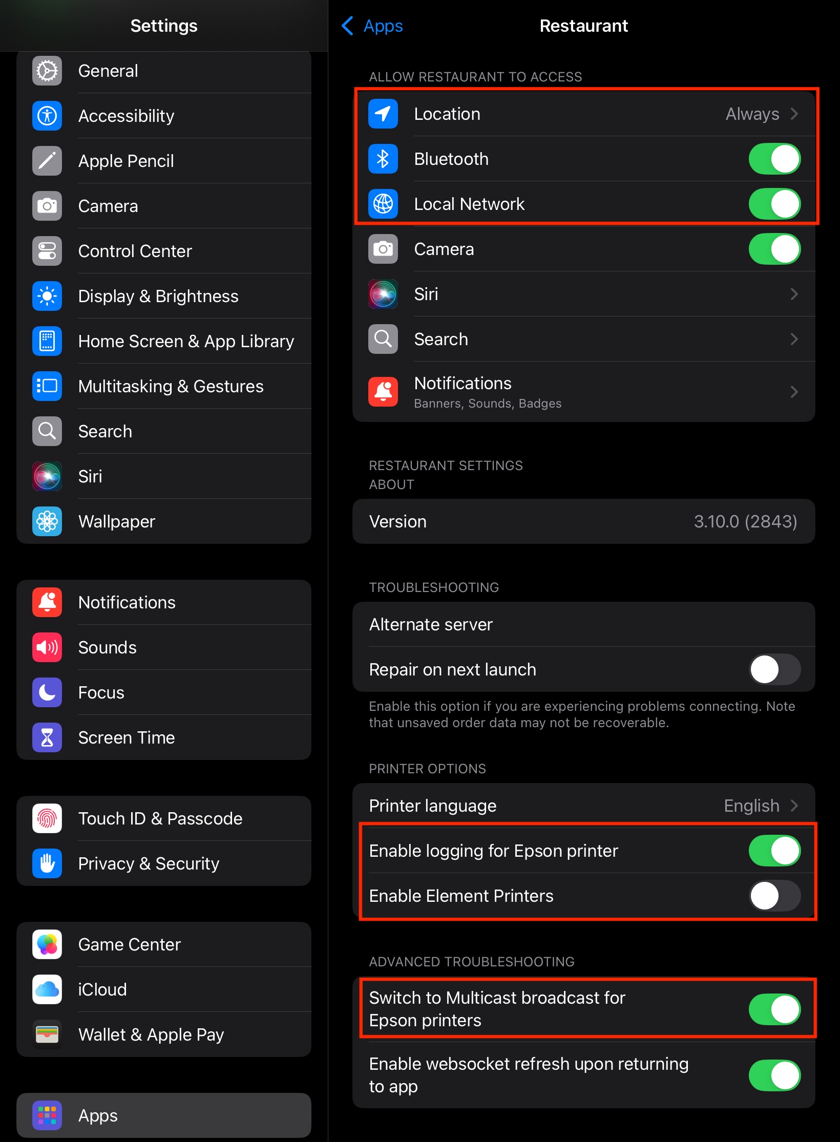 Restaurant POS app printing permissions