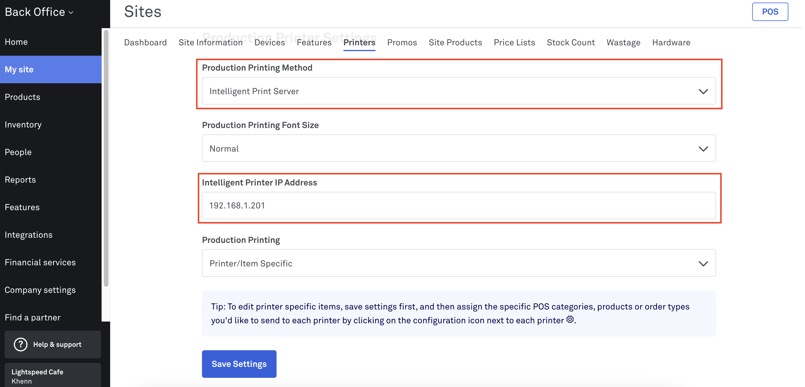 Intelligent Printer settings in Back Office