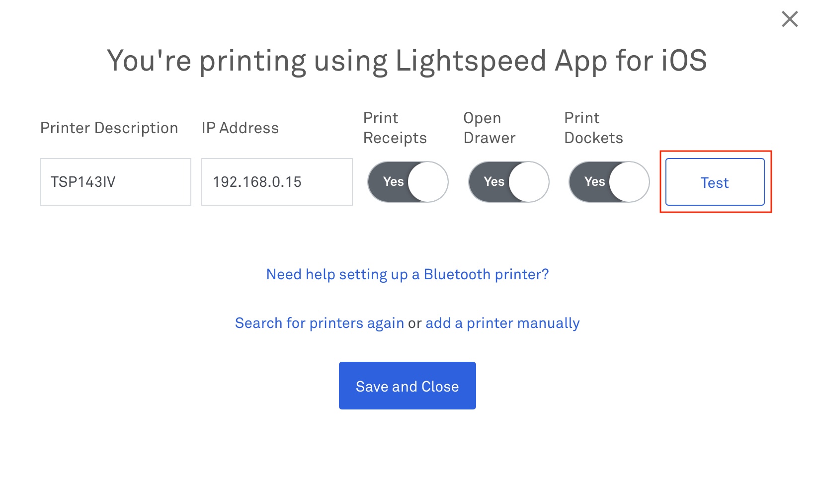 Test button for printing in the POS