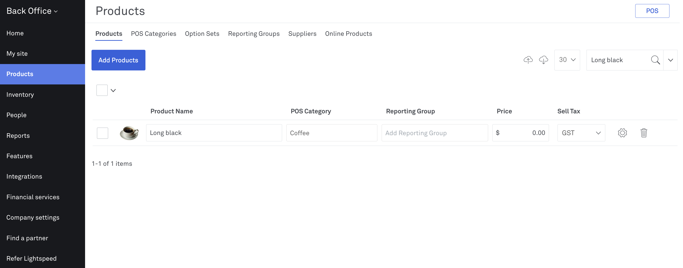 image of products section in Back Office