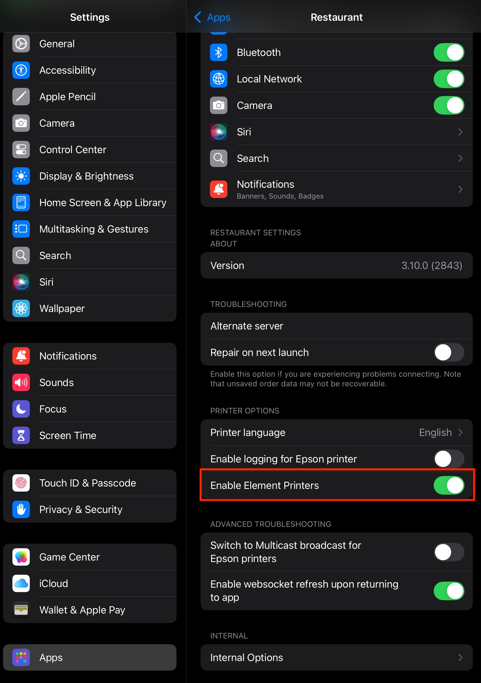 Element Printer switch Restaurant POS app settings