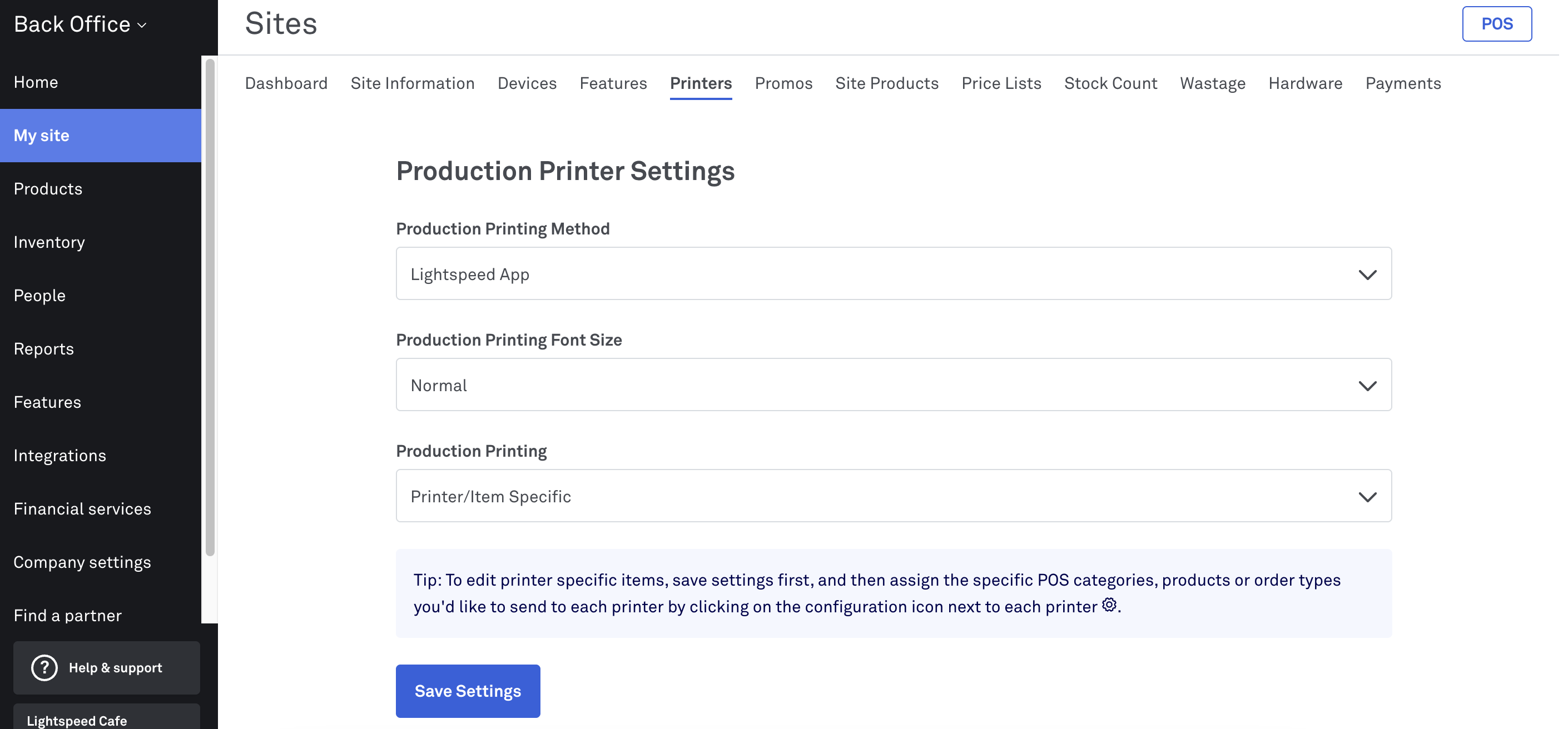 Production Printer Settings in Back Office