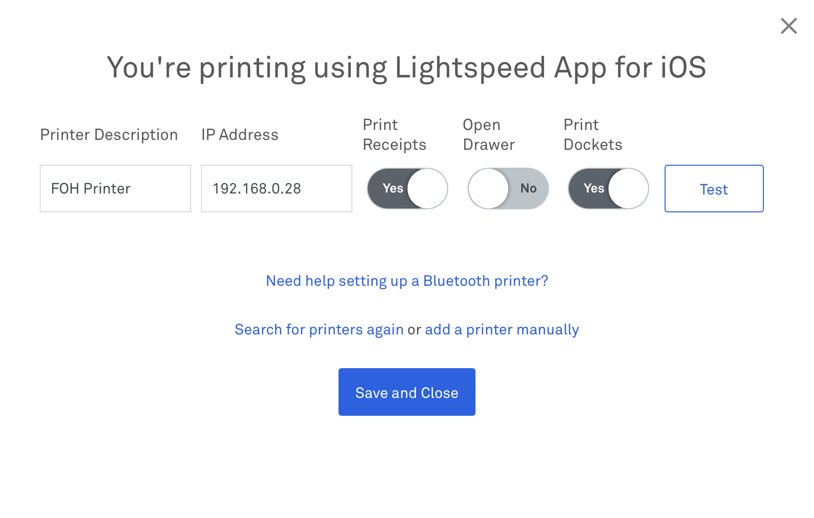 Element Printer settings in POS