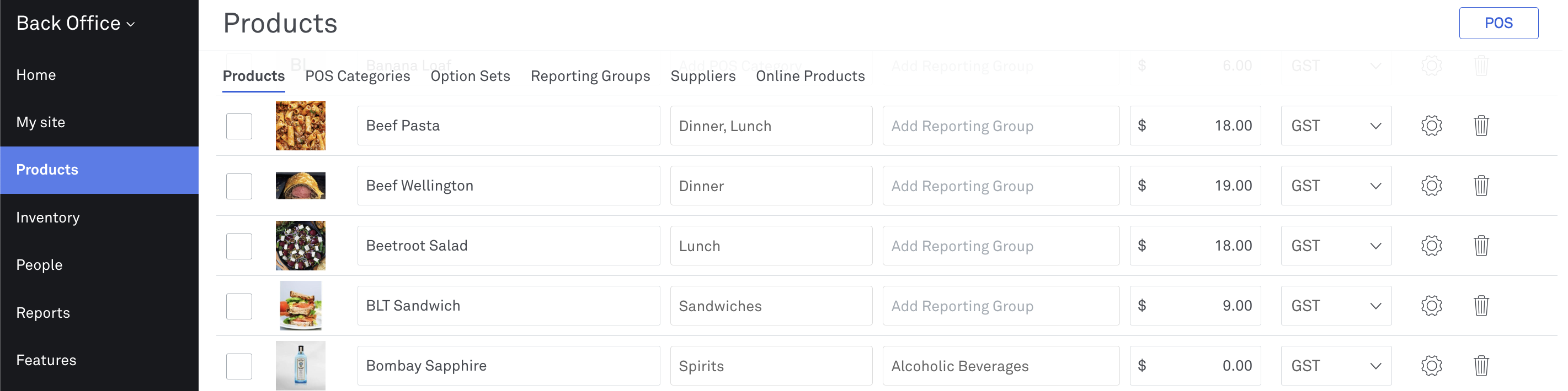 image of product list in Back Office