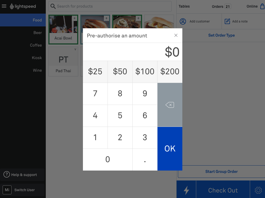 LSP Bar tabs preauthorized amounts