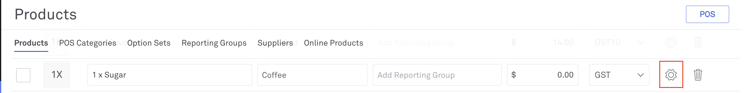 image of cog icon in products section in Back Office
