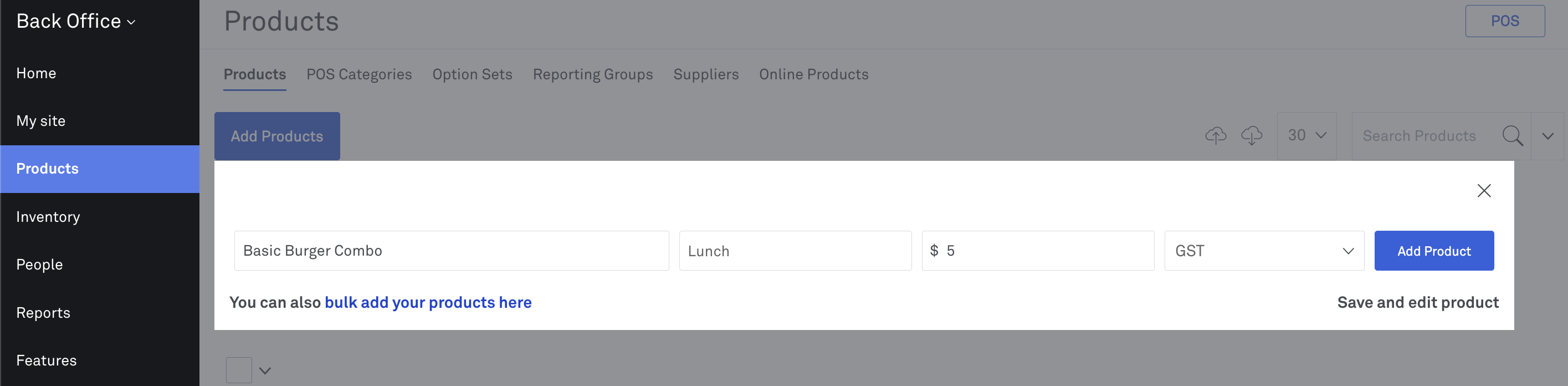 Back Office add products screen