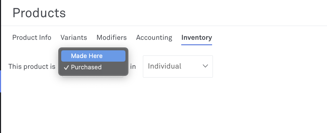 image of inventory section for stock items n Back Office 