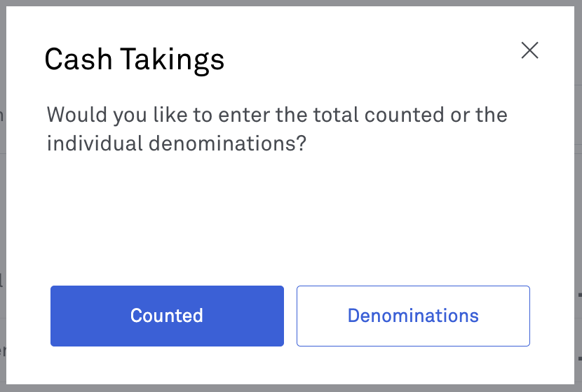 Cash Takings screen