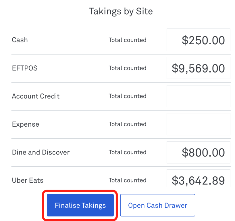 Finalise Takings screen POS