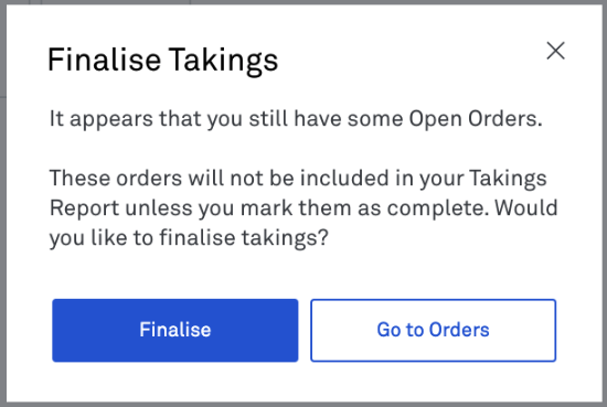 Finalise takings screen