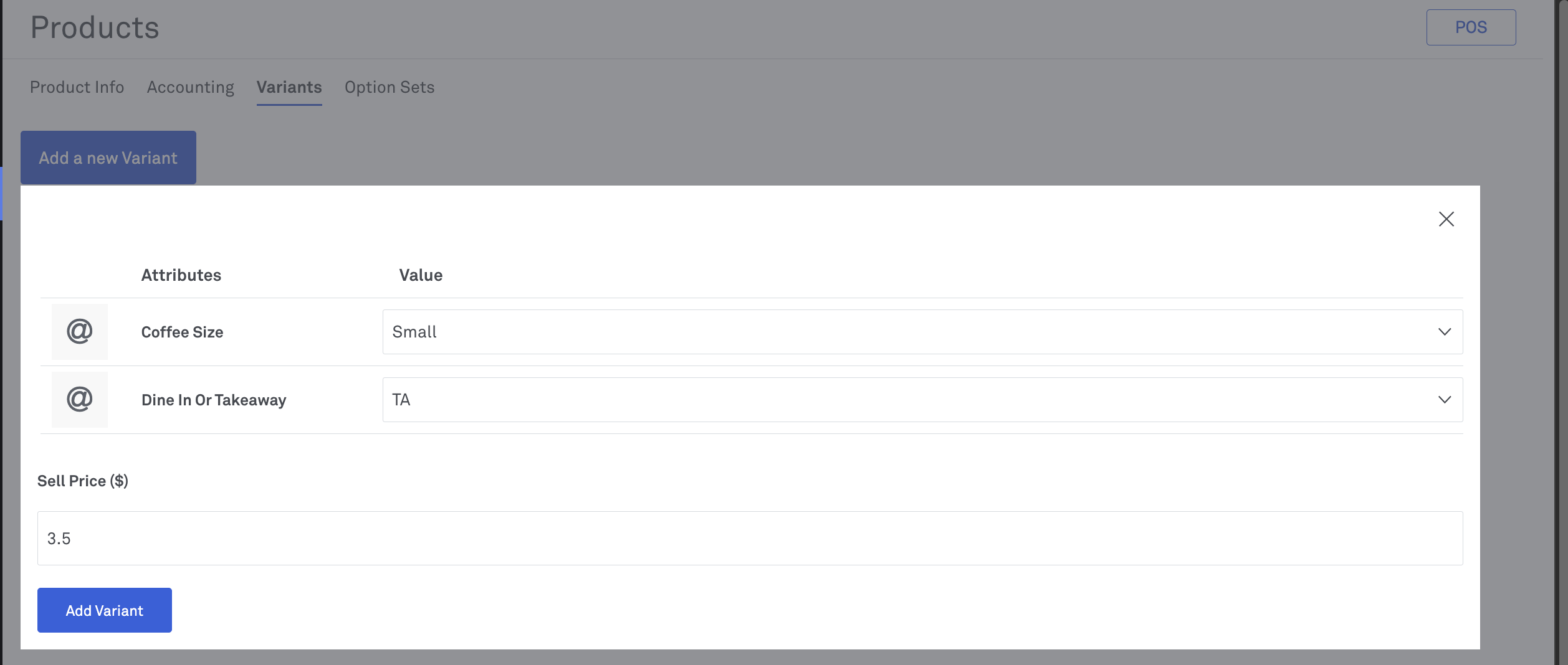 Adding product variants screen 