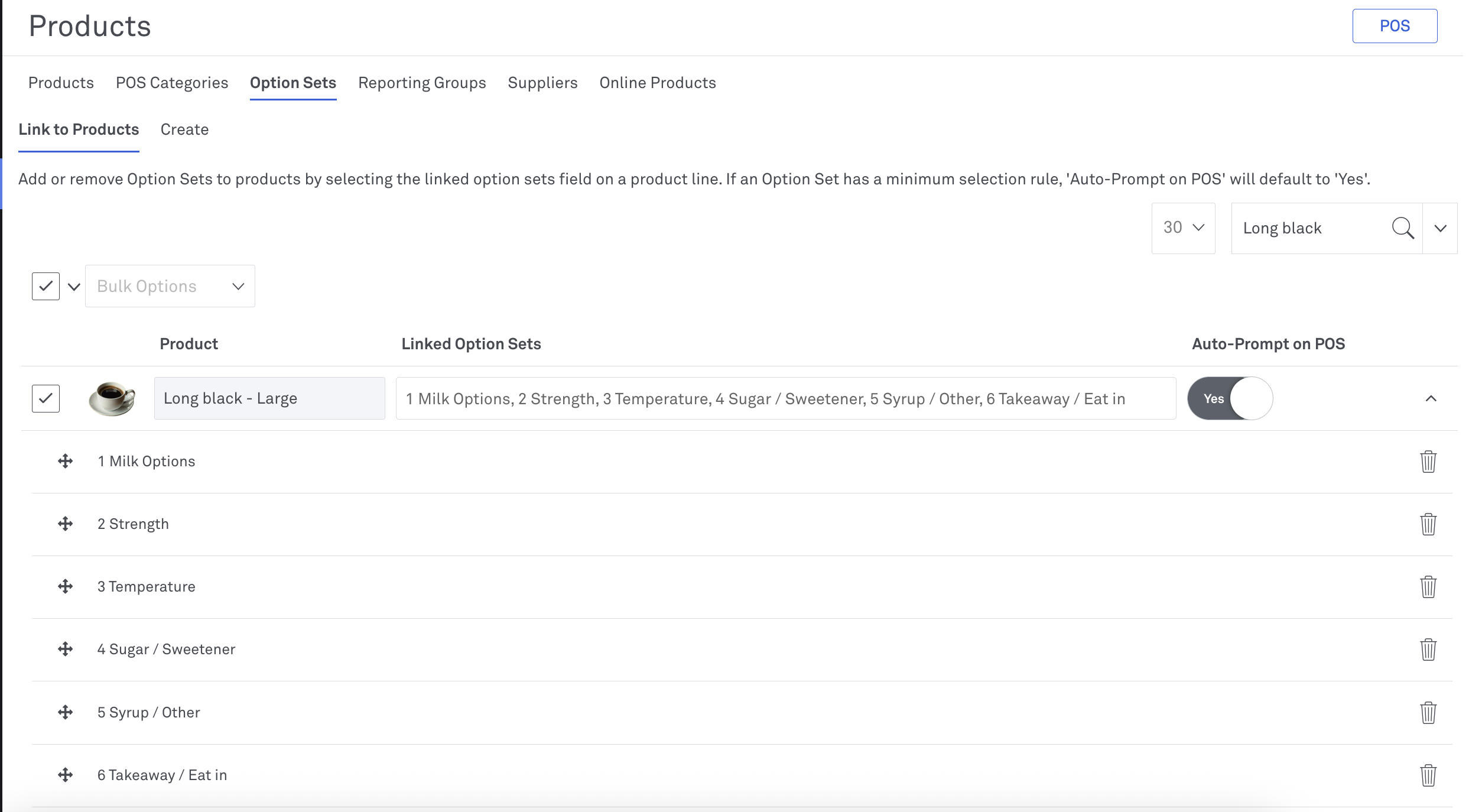 Linking Option sets screen